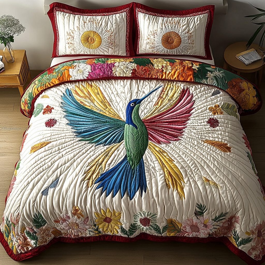 Sky Dancer quilted 3-piece bedding set on a made bed with two matching pillow shams