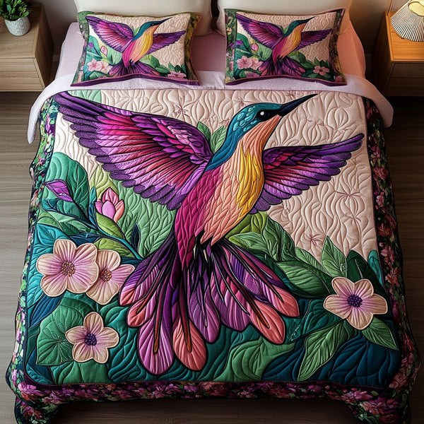 Sky Dancer quilted 3-piece bedding set on a made bed with two matching pillow shams