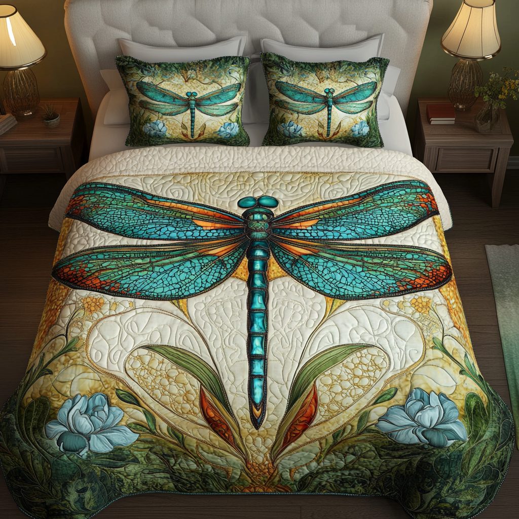 Sky Dancer quilted 3-piece bedding set on a made bed with two matching pillow shams