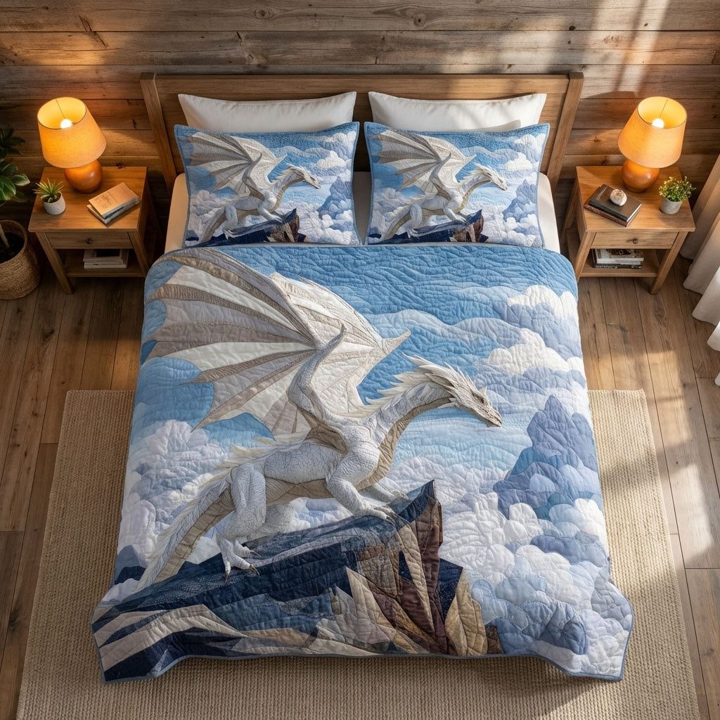 Sky Dragon quilted 3-piece bedding set on a made bed with two matching pillow shams