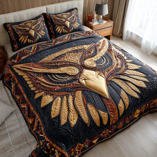 Sky Eagle Vision quilted 3-piece bedding set on a made bed in a warmly lit bedroom