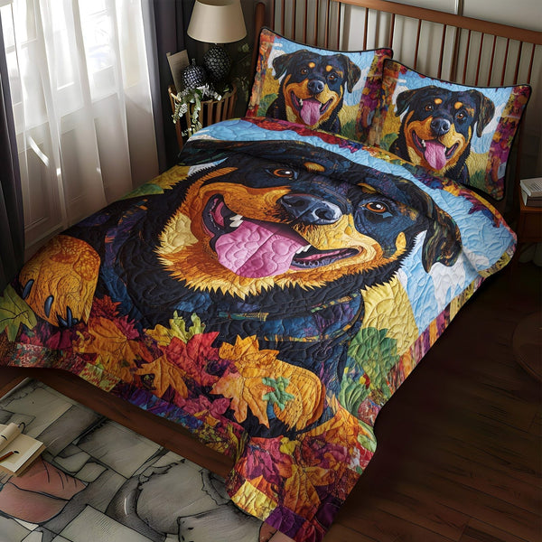 Sky Gazing Rottweiler Throw quilted 3-piece bedding set on a made bed with two matching pillow shams