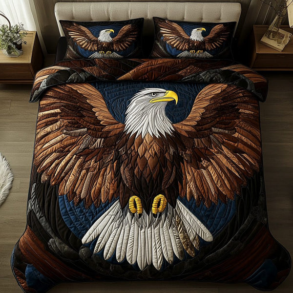Sky Guardian quilted 3-piece bedding set on a made bed with two matching pillow shams