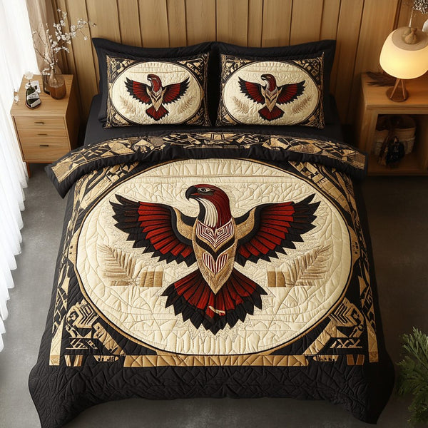 Sky Guardian quilted 3-piece bedding set on a made bed with two matching pillow shams