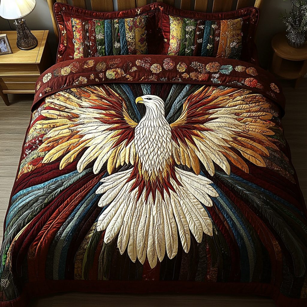 Sky Guardian quilted 3-piece bedding set on a made bed with two matching pillow shams