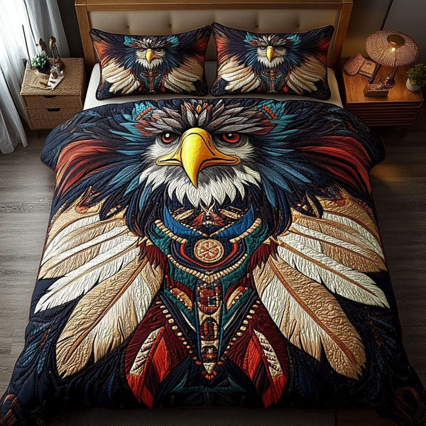 Sky Guardians quilted 3-piece bedding set on a made bed with two matching pillow shams
