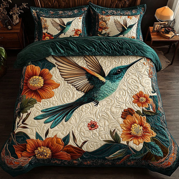Sky Jewel quilted 3-piece bedding set on a made bed with two matching pillow shams