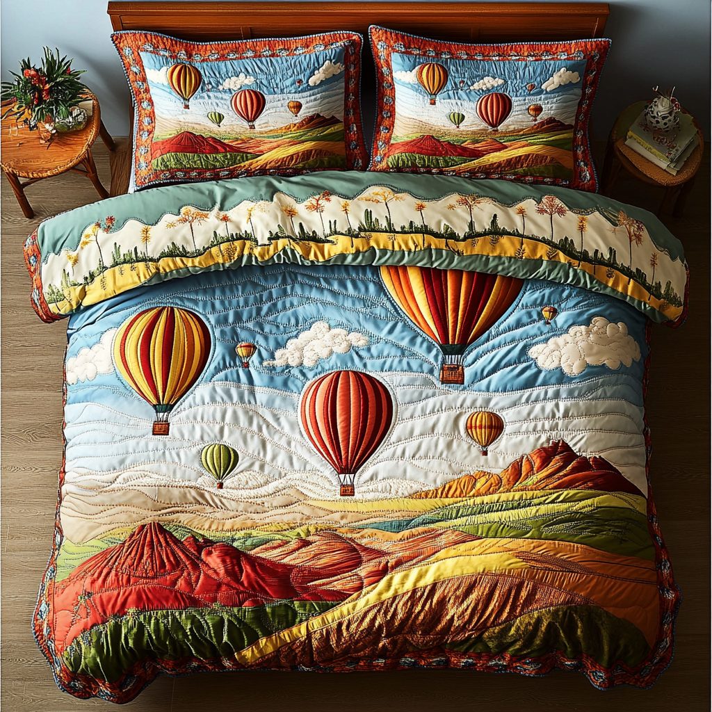 Sky Journey quilted 3-piece bedding set on a made bed with two matching pillow shams