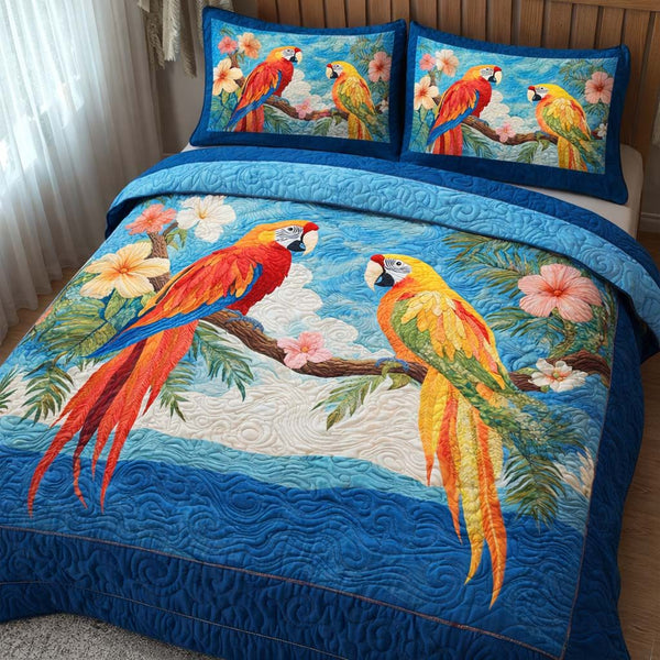 Sky Perch quilted 3-piece bedding set on a made bed with two matching pillow shams