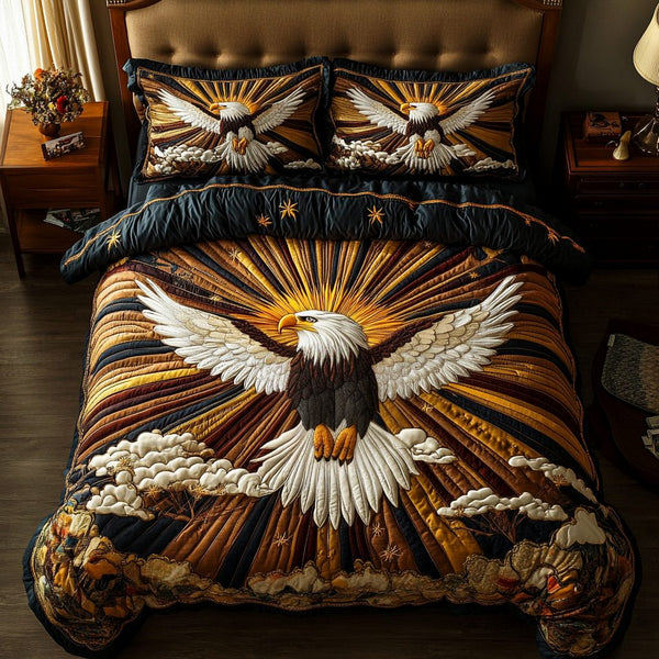 Sky Sentinel quilted 3-piece bedding set on a made bed with two matching pillow shams