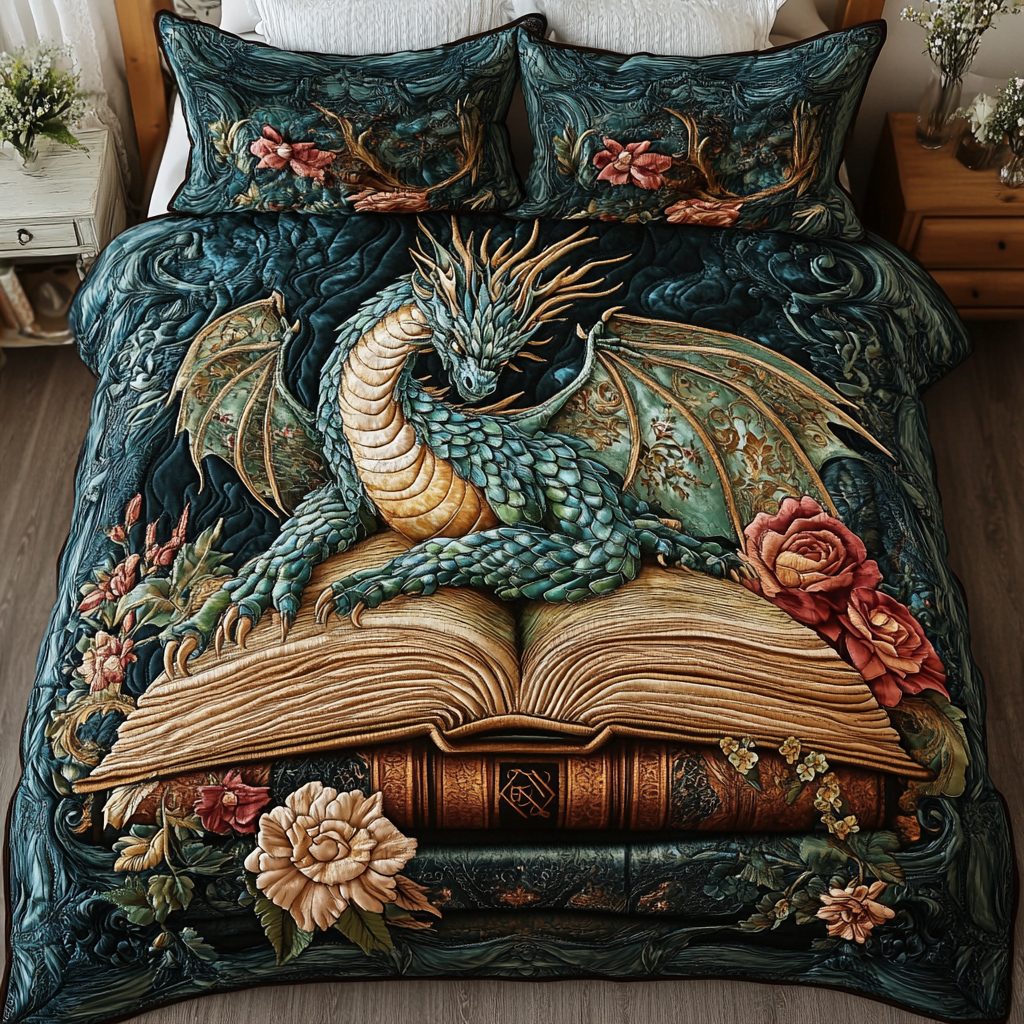 Sky Serpent quilted 3-piece bedding set on a made bed with two matching pillow shams