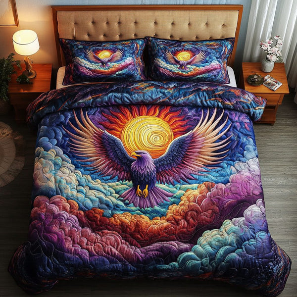 Sky Sovereign quilted 3-piece bedding set on a made bed with two matching pillow shams