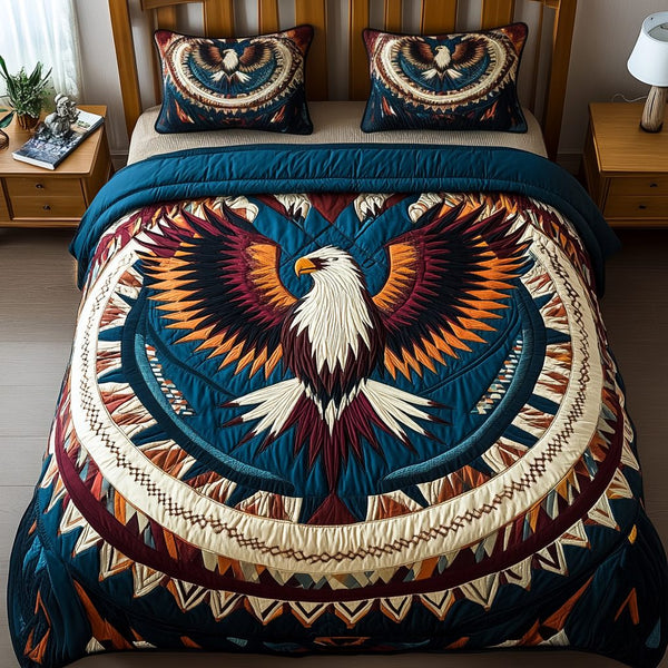 Sky Sovereign quilted 3-piece bedding set on a made bed with two matching pillow shams