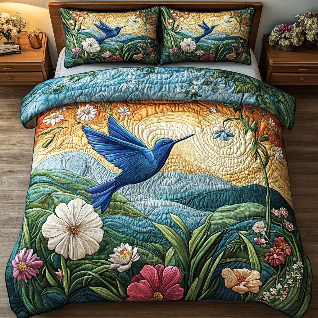 Sky Whispers quilted 3-piece bedding set on a made bed with two matching pillow shams