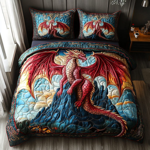 Skyborn Serpent quilted 3-piece bedding set on a made bed with two matching pillow shams