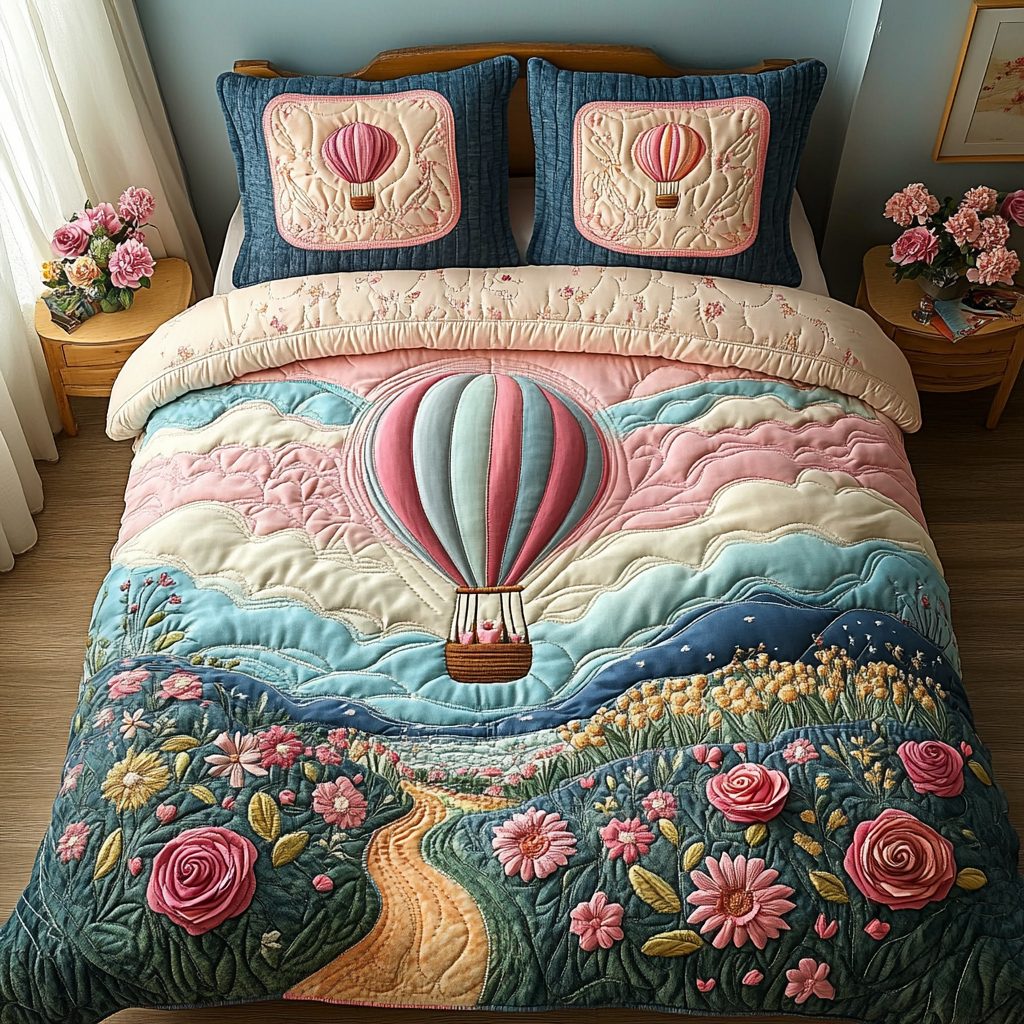 Skyborne Escape quilted 3-piece bedding set on a made bed with two matching pillow shams