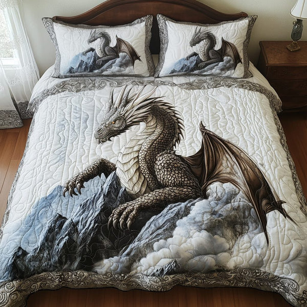 Skybound Scales quilted 3-piece bedding set on a made bed with two matching pillow shams