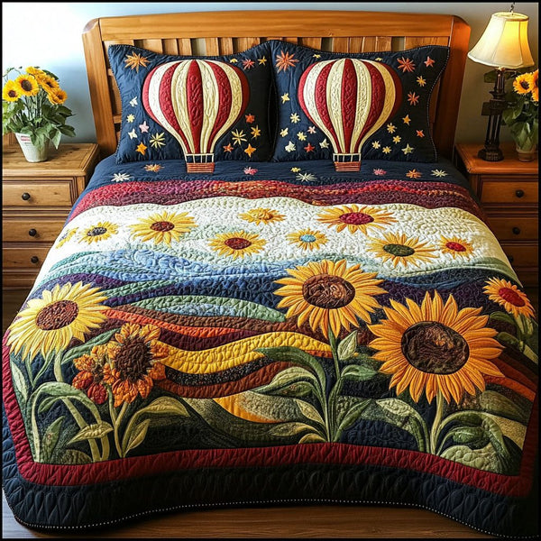 Skybound Sunflowers quilted 3-piece bedding set on a made bed with two matching pillow shams