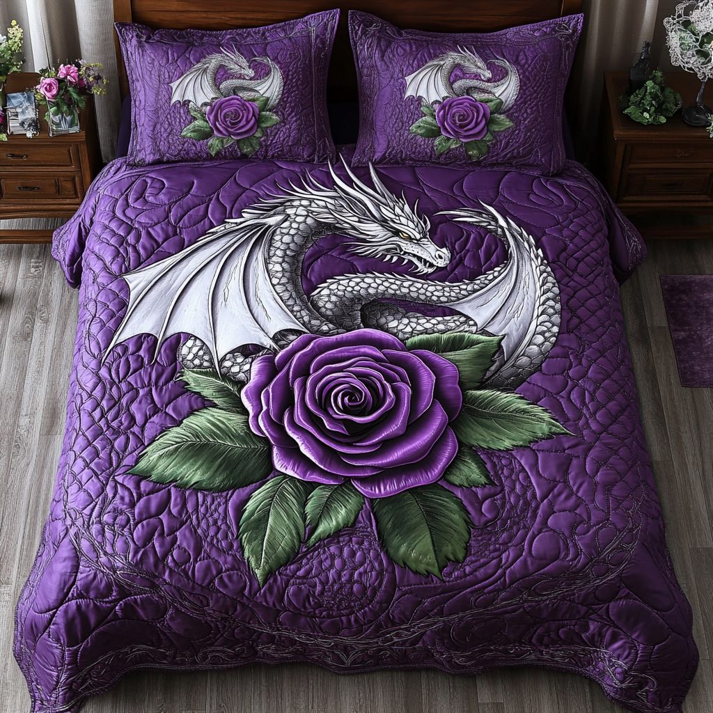 Skyfire Beast quilted 3-piece bedding set on a made bed with two matching pillow shams