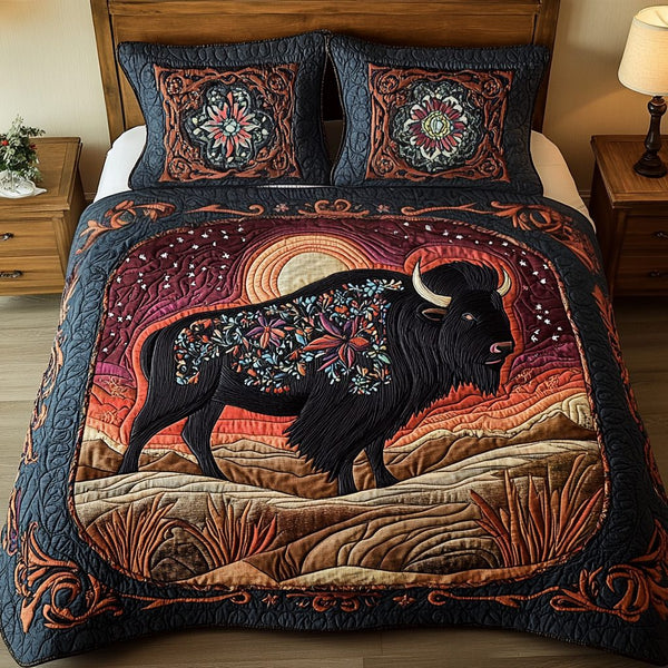 Skylands Bison quilted 3-piece bedding set on a made bed in a rustic timber bedroom