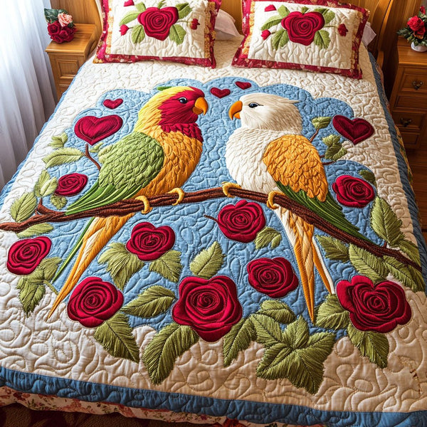 Skyline Romance quilted 3-piece bedding set on a made bed with two matching pillow shams