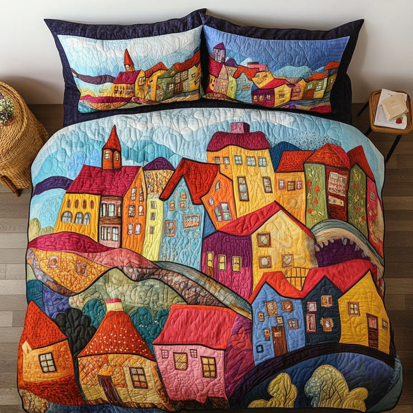 Skyline Vibes quilted 3-piece bedding set on a made bed with two matching pillow shams
