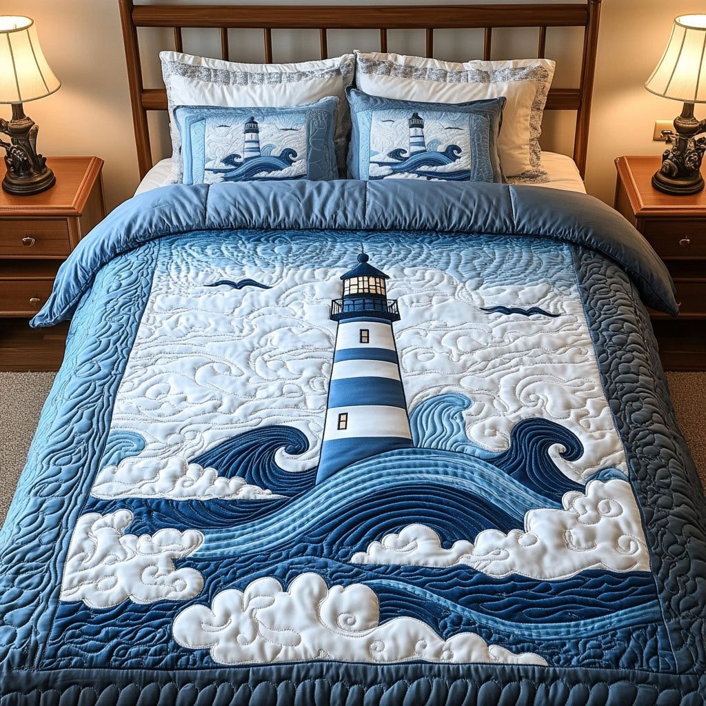 Skyward Beacon quilted 3-piece bedding set on a made bed with two matching pillow shams