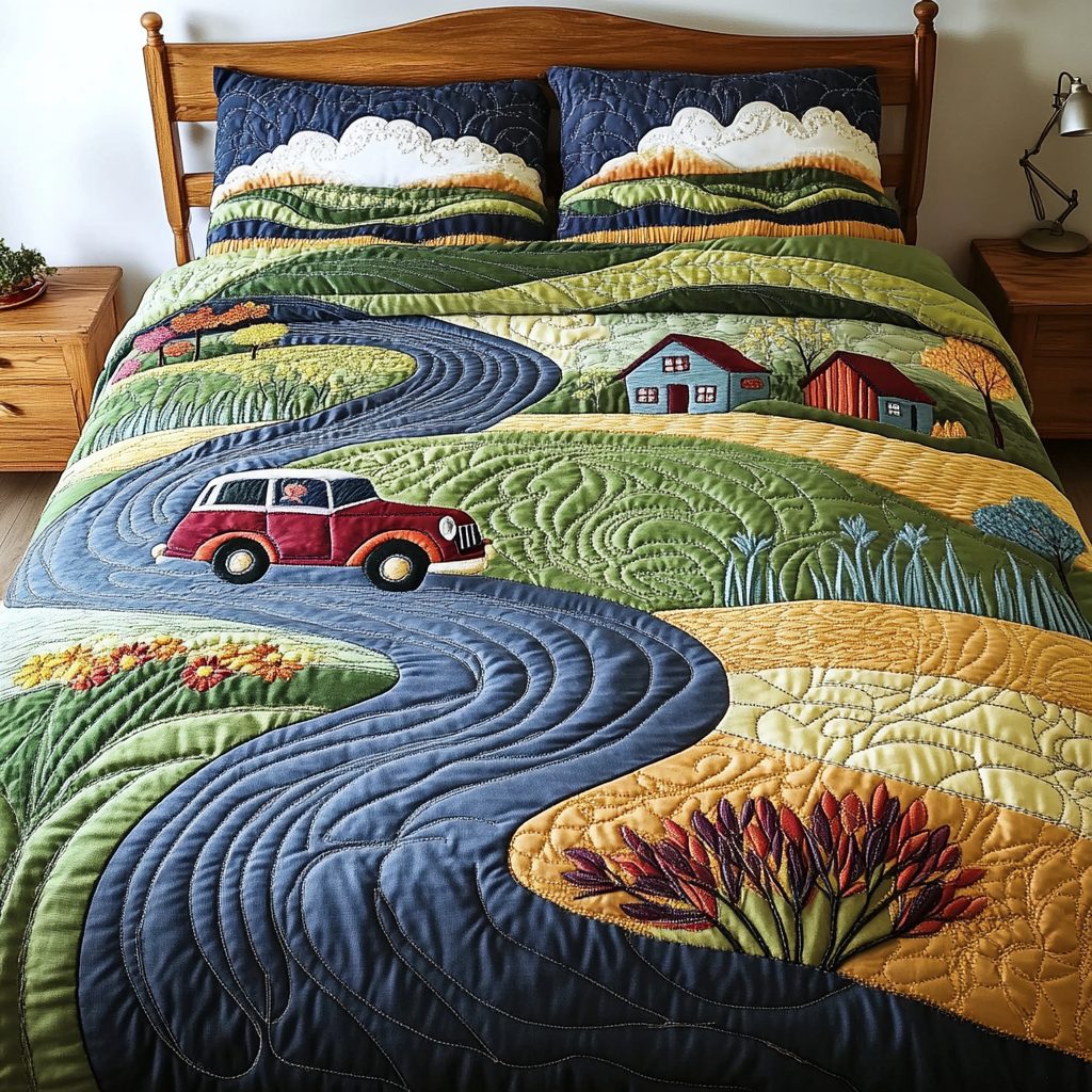 Skyward Dream quilted 3-piece bedding set on a made bed with two matching pillow shams