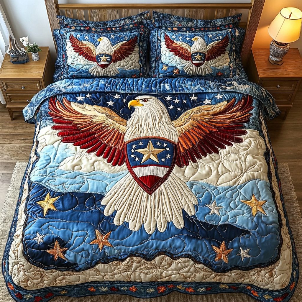 Skyward Glory quilted 3-piece bedding set on a made bed with two matching pillow shams