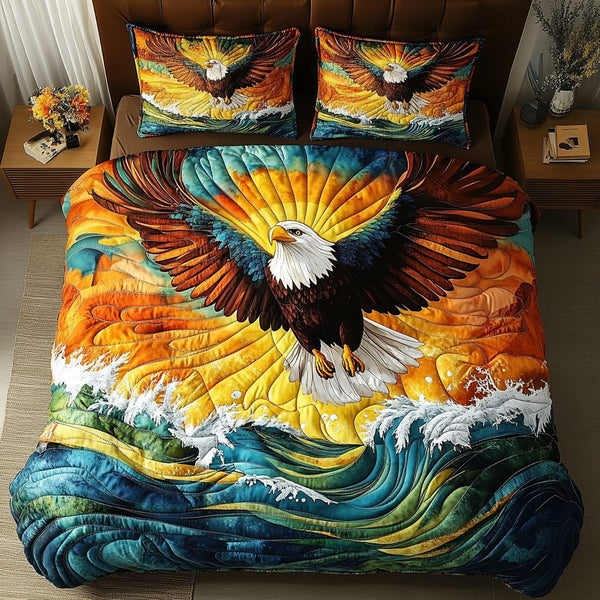 Skyward Grace quilted 3-piece bedding set on a made bed with two matching pillow shams
