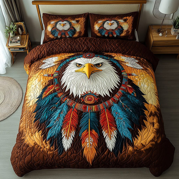 Skyward Heritage quilted 3-piece bedding set on a made bed in a farmhouse bedroom
