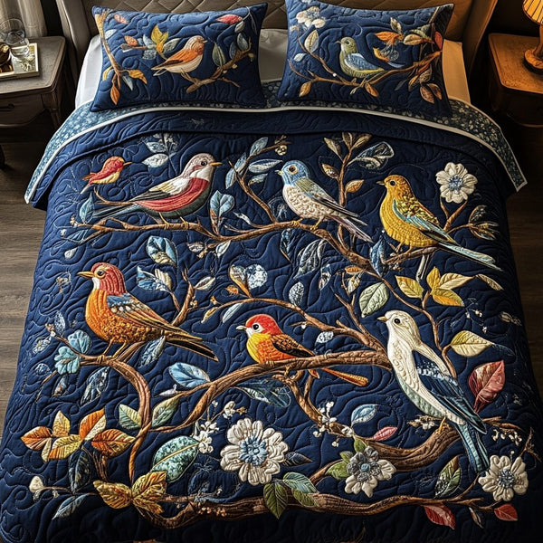 Skyward Melodies quilted 3-piece bedding set on a made bed with two matching pillow shams
