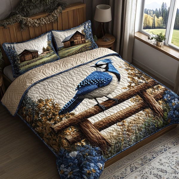 Skyward Song quilted 3-piece bedding set on a made bed with two matching pillow shams
