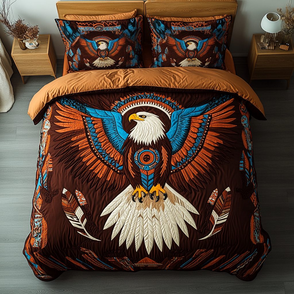 Skyward Spirit quilted 3-piece bedding set on a made bed with two matching pillow shams