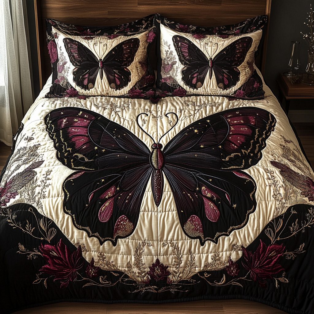 Skyward Swirl quilted 3-piece bedding set on a made bed with two matching pillow shams