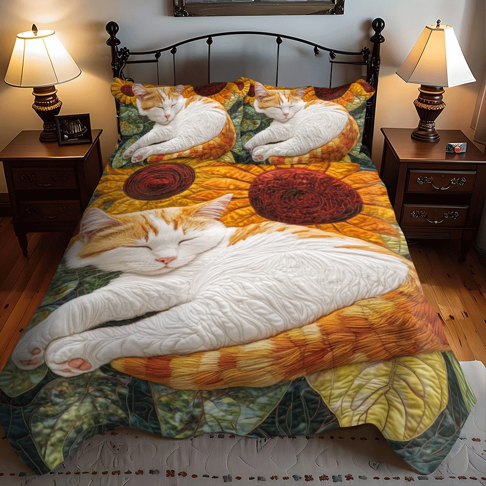 Sleeping Cat Sunflower quilted 3-piece bedding set on a made bed with two matching pillow shams