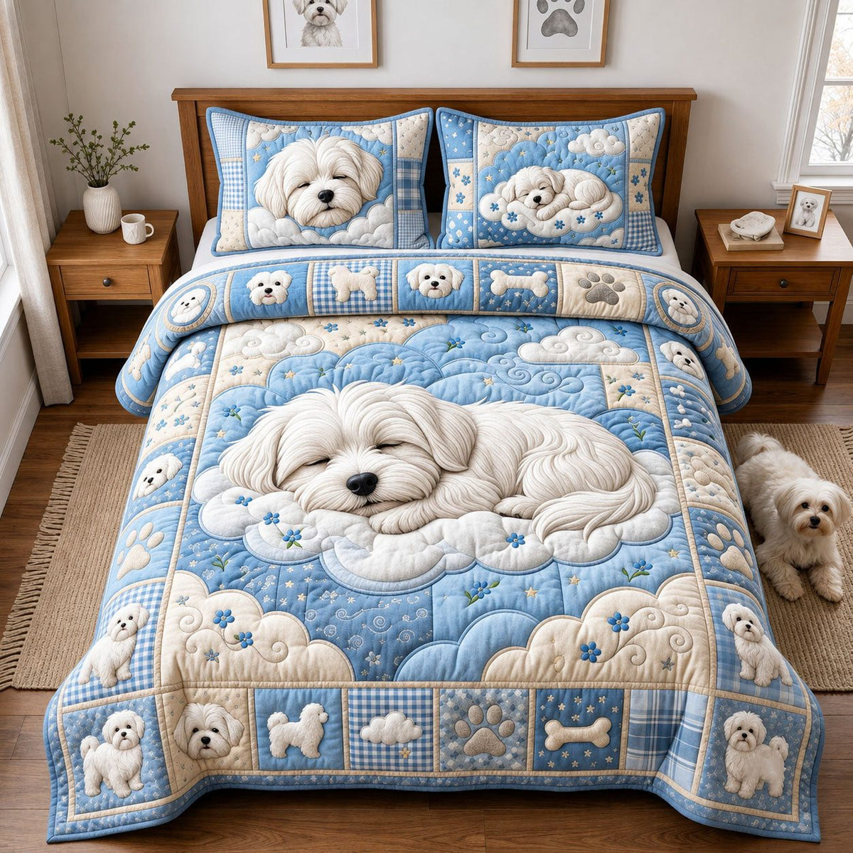 Sleeping Maltese quilted 3-piece bedding set on a made bed with two matching pillow shams