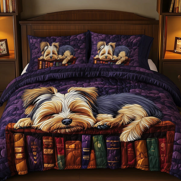 Sleeping Yorkie quilted 3-piece bedding set on a made bed with two matching pillow shams