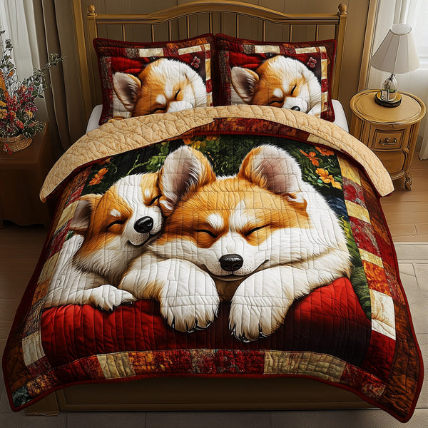 Sleepping Corgi quilted 3-piece bedding set on a made bed with two matching pillow shams
