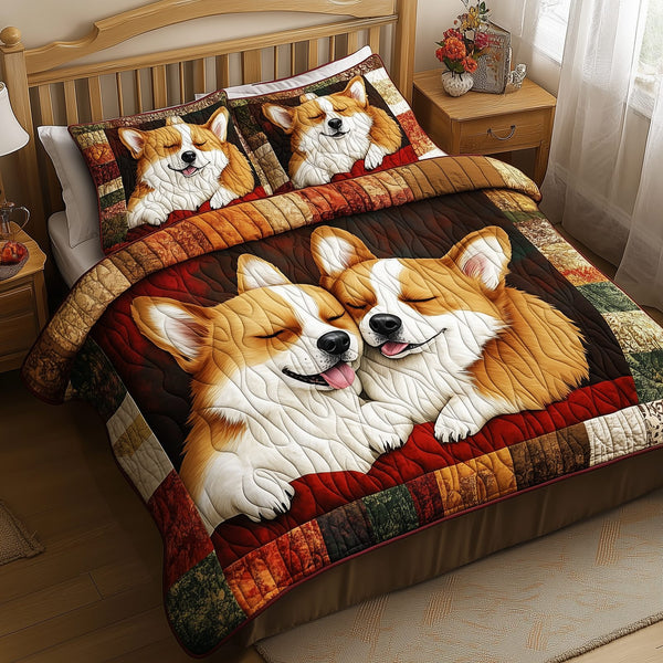 Sleepping Corgi quilted 3-piece bedding set on a made bed with two matching pillow shams