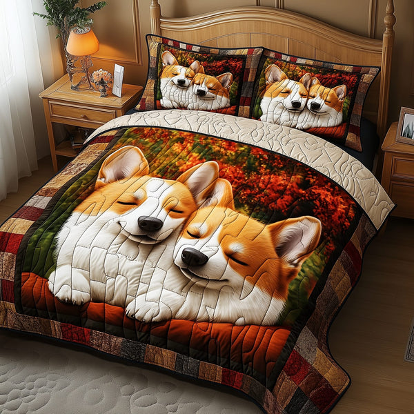 Sleepping Corgi quilted 3-piece bedding set on a made bed with two matching pillow shams