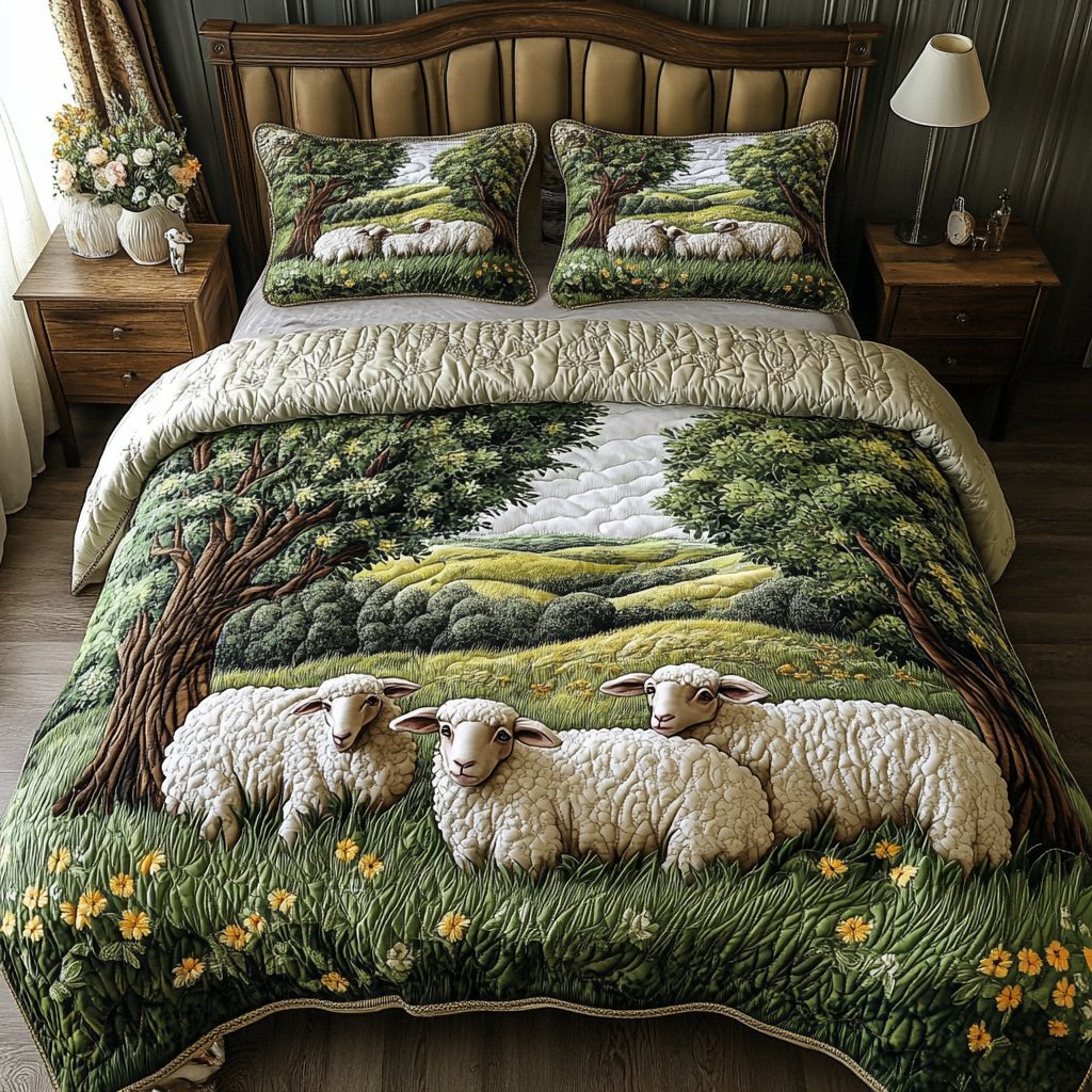 Sleepy Fields quilted 3-piece bedding set on a made bed with two matching pillow shams