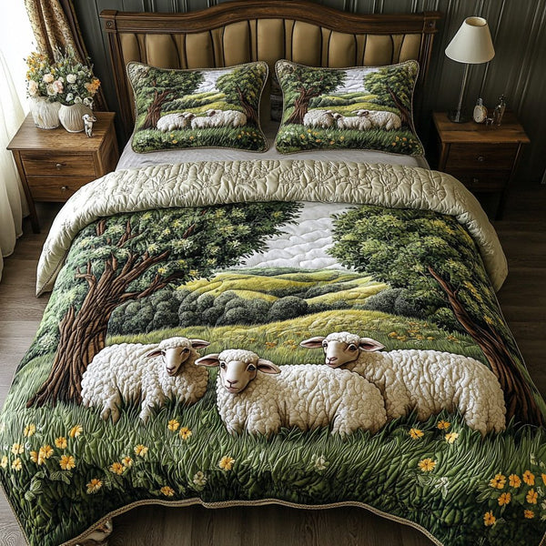 Sleepy Fields quilted 3-piece bedding set on a made bed with two matching pillow shams