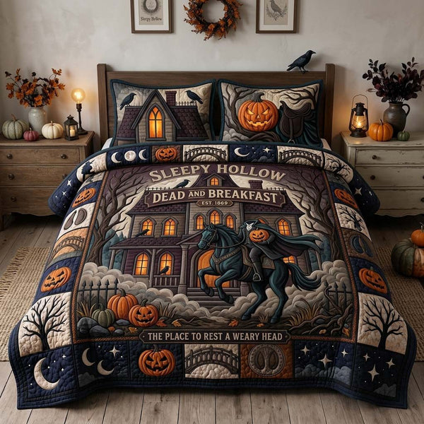 Sleepy Hollow Inn quilted 3-piece bedding set on a made bed with two matching pillow shams