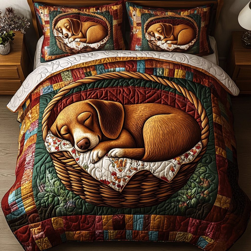 Sleepy Pup quilted 3-piece bedding set on a made bed with two matching pillow shams