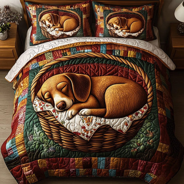 Sleepy Pup quilted 3-piece bedding set on a made bed with two matching pillow shams