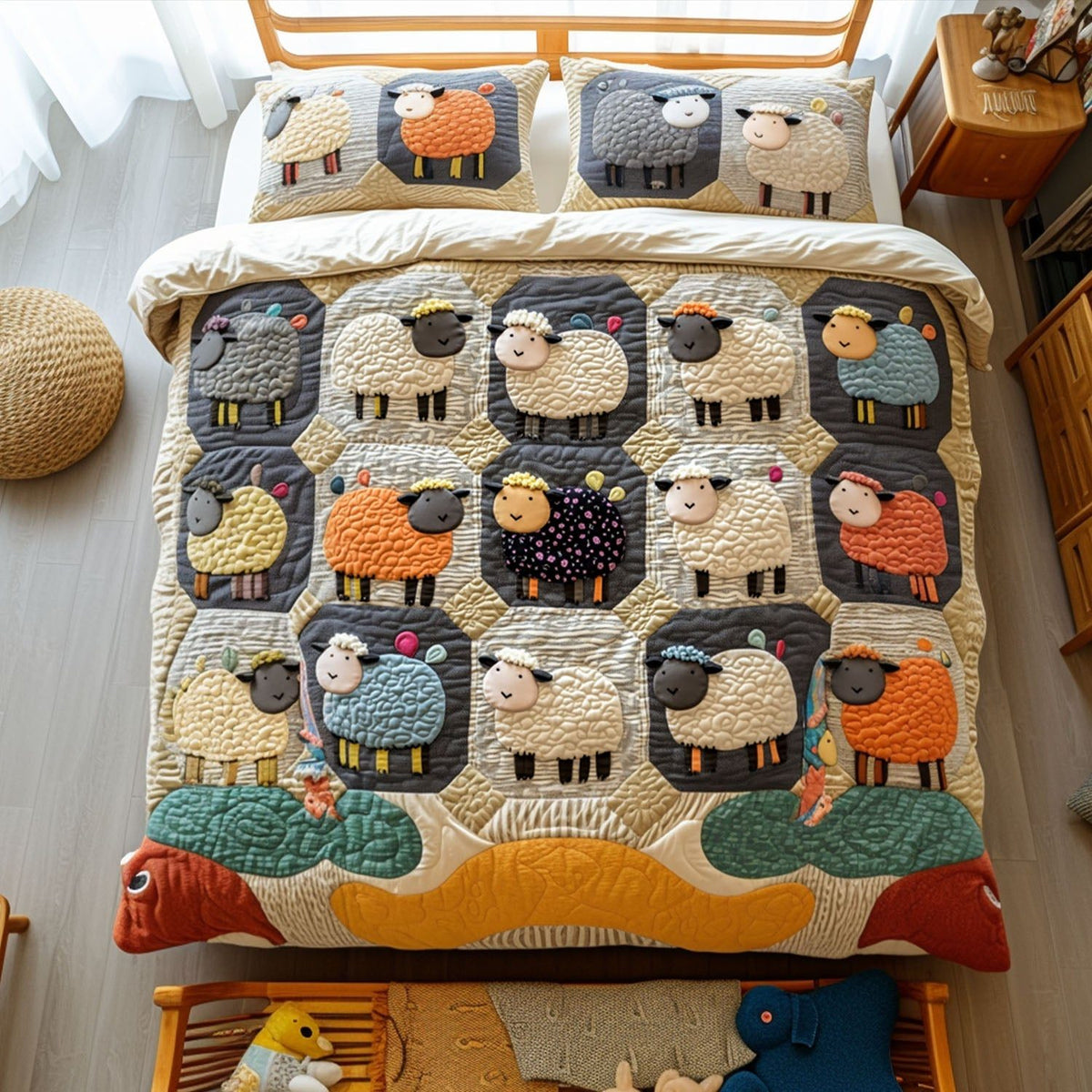 Sleepy Sheep quilted 3-piece bedding set on a made bed with two matching pillow shams