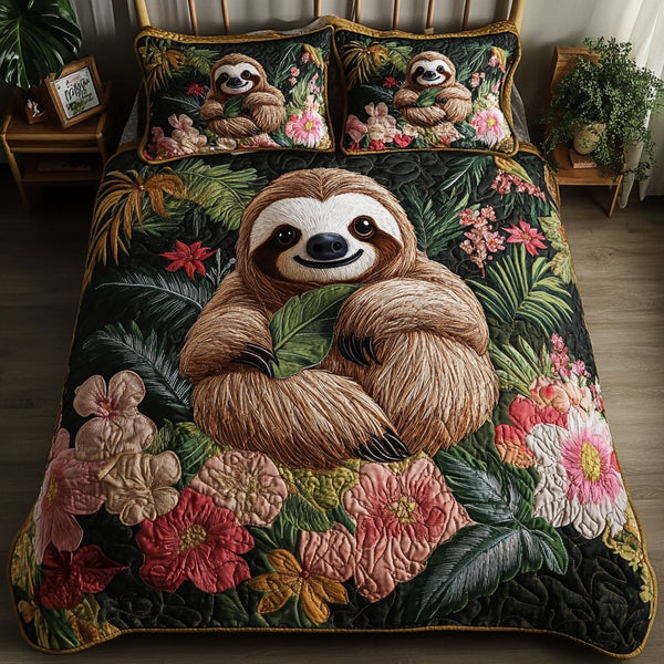 Sleepy Snuggles quilted 3-piece bedding set on a made bed with two matching pillow shams
