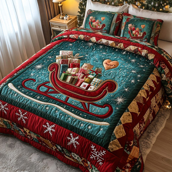 Sleighful Cheer quilted 3-piece bedding set on a made bed in a winter-styled bedroom