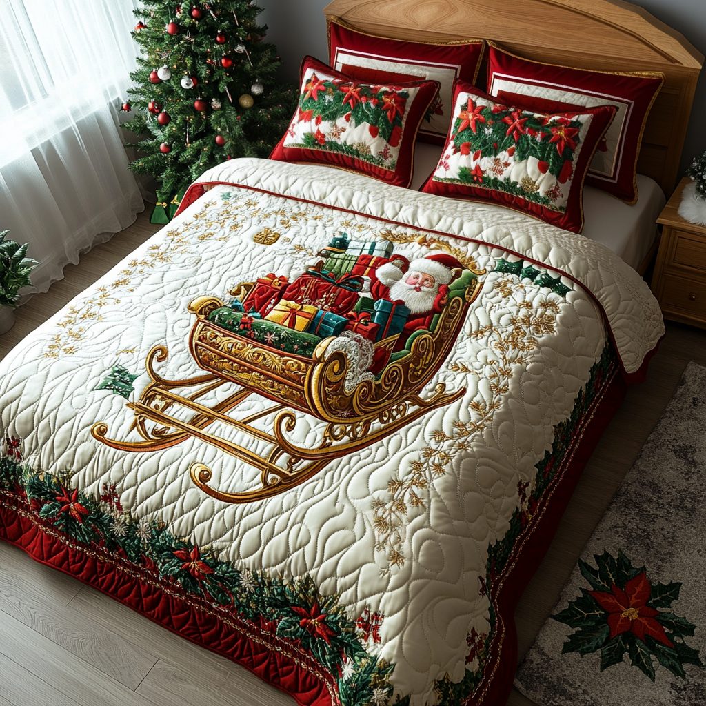 Sleighful of Cheer quilted 3-piece bedding set on a made bed in a winter-styled bedroom